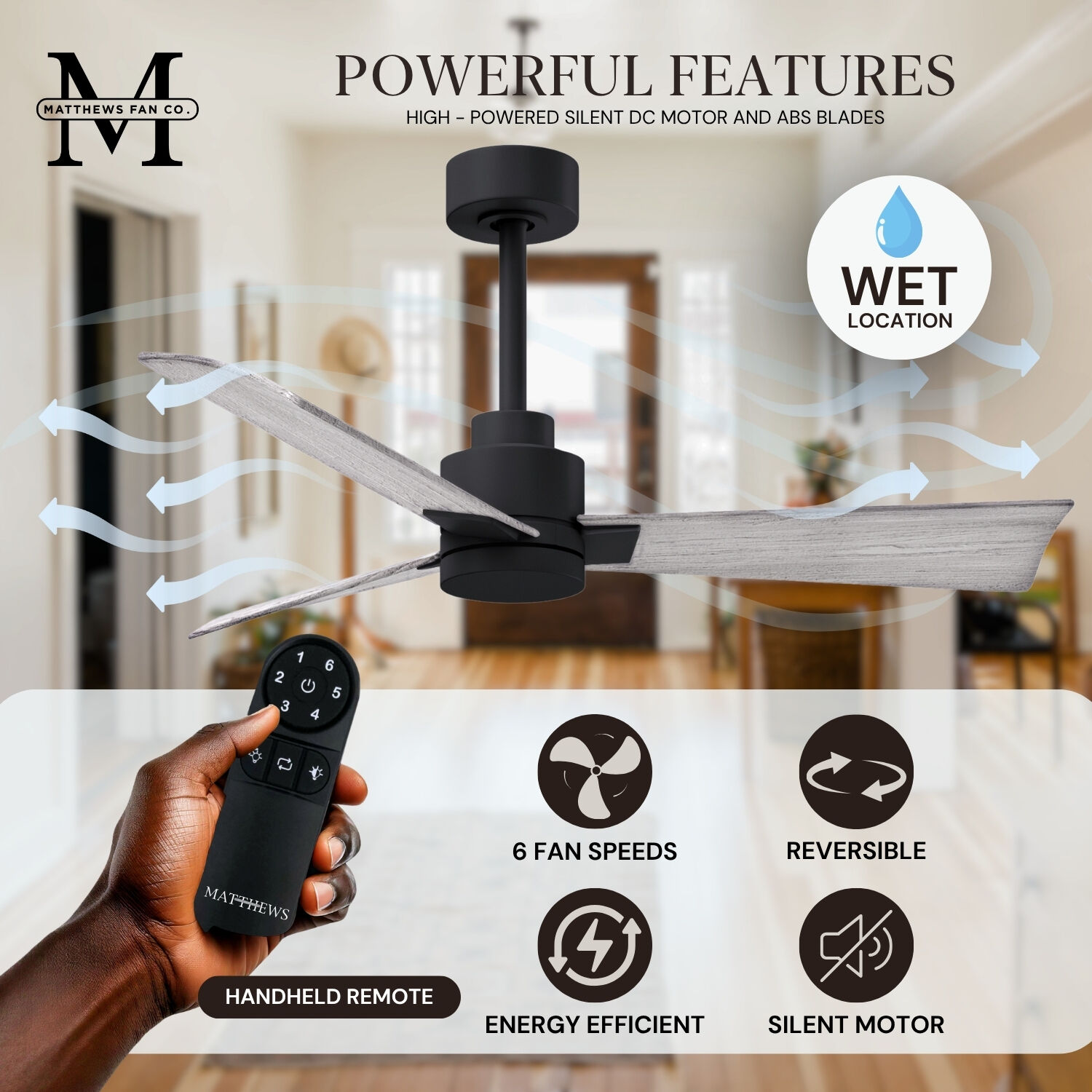 Atlas Alessandra 56 inch Matte Black with Barn Wood Tone Blades Ceiling Fan